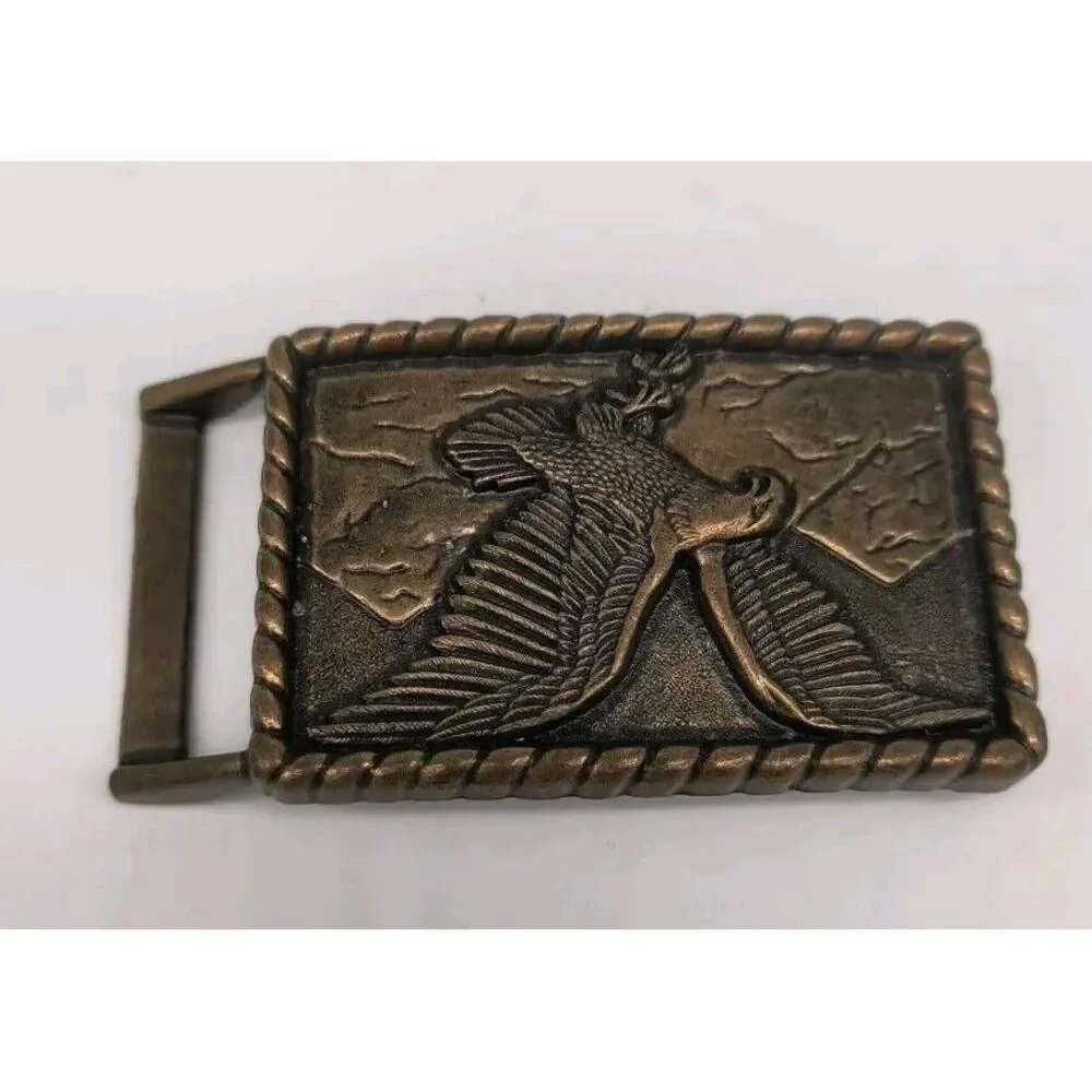 Vintage Bald Eagle Belt Buckle Flying Bird Mountain Background Brass Metal